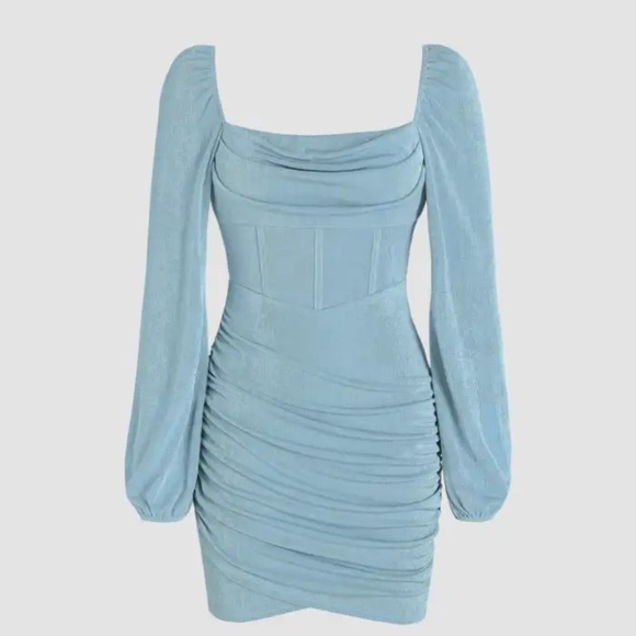 Cider Dresses & Skirts - Cider Light Blue Ruched Long-Sleeve Mini Dress